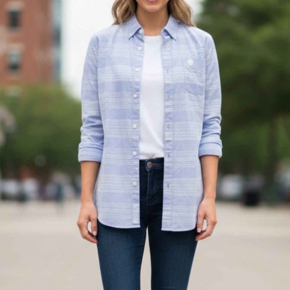 Panhandle Blue and White Casual Button Down Shirt with Plaid Pattern - Picture 1 of 4